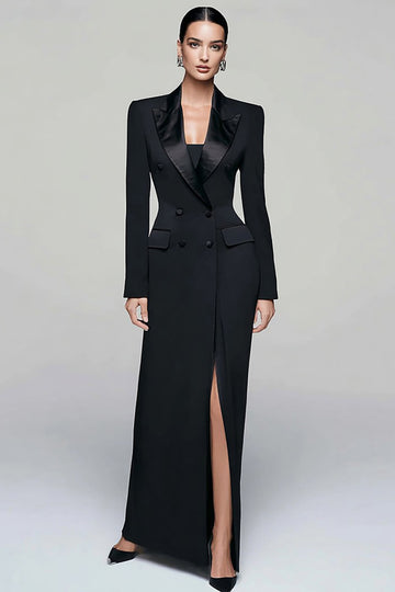 Black Peak Lapel Double Breasted Blazer Dress With Slit